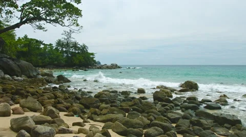 Panoramic view of a beach with sand and rocks. thailand, phuket Stockbeeldmateriaal 43457664