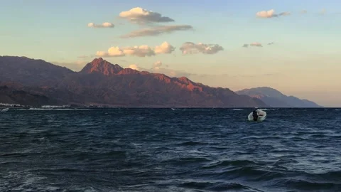 Panoramic view from the beach of seascape and Sinai Mountains on the coast at 스톡 동영상 341299196