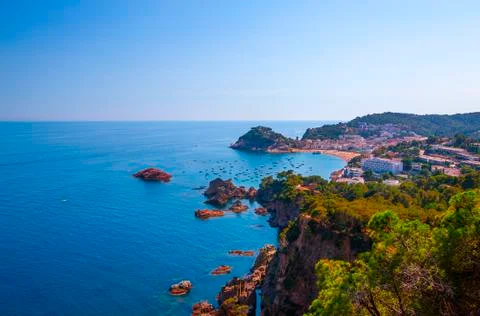 Panoramic view of beach at Tossa de Mar. Costa Brava, Catalonia, Spain Stock Photos