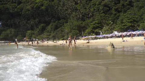 Panoramic view of the beach with tourists Stock Footage 196890736