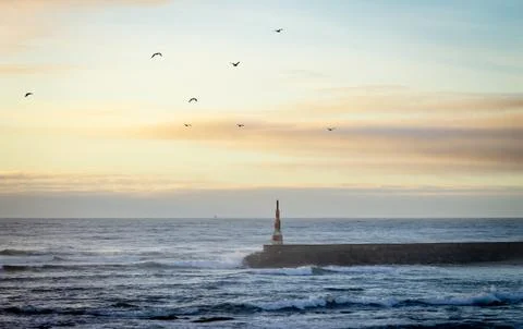 Panoramic View of Beacon in the Ocean Stock Photos