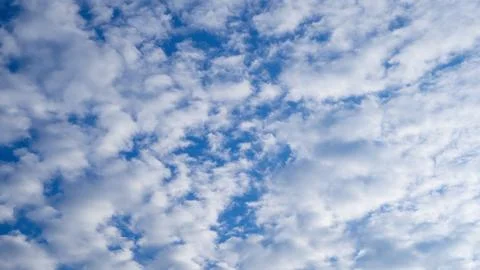 Panoramic view of beautiful blue sky filled with textured white clouds. Natur Stock Photos