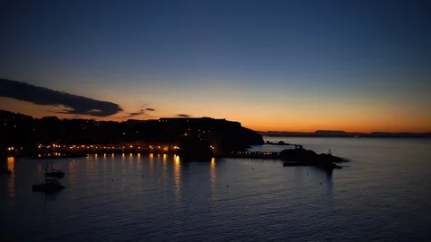 Panoramic view of beautiful small harbour in Collioure after sunset, coastal Stock-Footage 124363405