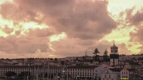Panoramic view of beautiful sunset at Ponta Delgada, Sao Miguel, Azores Stock Footage 97722158