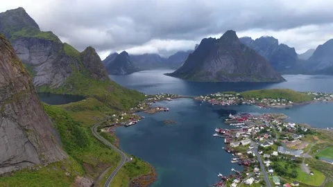 Panoramic view of a beautiful town with a bay whis boats in the fjords Stock Footage 136847411