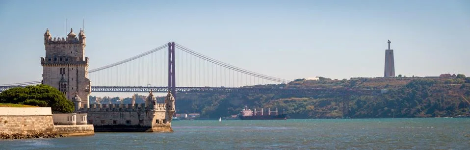 Panoramic view of Belem Tower, one the most famous landmark in the city of Li 스톡 사진