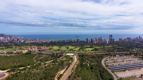 Panoramic view of Benidorm, Spain, showing skyscrapers along the Mediterranean 스톡 동영상 336741970