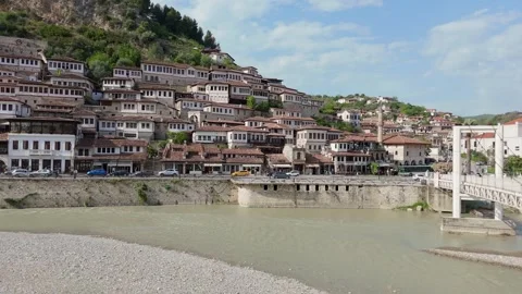 Panoramic view of Berat UNESCO city with river and old houses Stock Footage 334211155