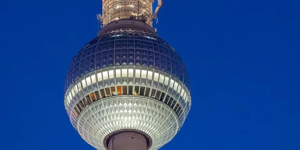 Panoramic View of the Berlin TV Tower Sphere at Night, Germany 스톡 사진