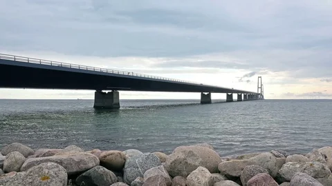 Panoramic View of Big Belt Bridge crossing between the Danish islands Stock Footage 83287435