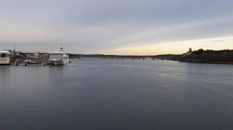 Panoramic view of a big river with bridge, cruise ships and seagull flying close Stock Footage 65530122