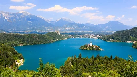 Panoramic view of Bled Lake Stock Footage 86291709