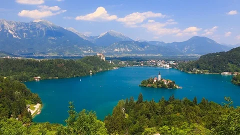Panoramic view of Bled Lake Stock Footage 86291723
