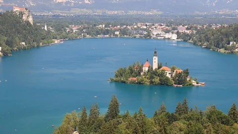 Panoramic view of Bled Lake Stock Footage 86291731