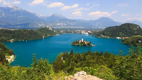 Panoramic view of Bled Lake Stock Footage 86291780