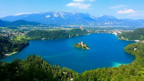 Panoramic view of Bled Lake Stock Footage 86291806