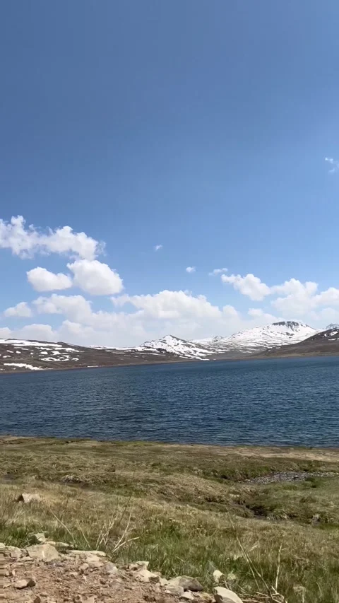 Panoramic View of Blue Alpine Lake and Snow-Capped Mountain Peaks Stock Footage 330136291