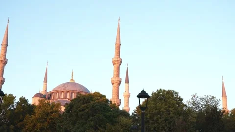 Panoramic view of Blue Mosque or Sultan Ahmed Mosque at sunrise. Top places to Stock Footage 248506409