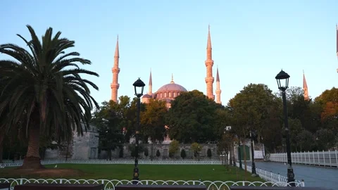 Panoramic view of Blue Mosque in Sultanahmet park at sunrise. Top places to Video stock 248506319