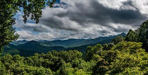 Panoramic view of the Blue Ridge Mountains under a dramatic cloudy sky Nort.. Stock Photos