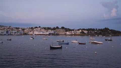Panoramic view with boats on calm waters, a beautiful seaside village Stock Footage 242336065