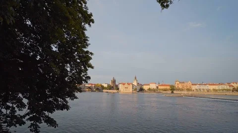 Panoramic view on boats on Vltava River and Old Town in Prague / 4K Video Video stock 97941598