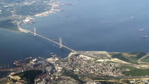 Panoramic view of the Bosphorus. Aerial Bosphorus Bridge Stock Footage 144337964