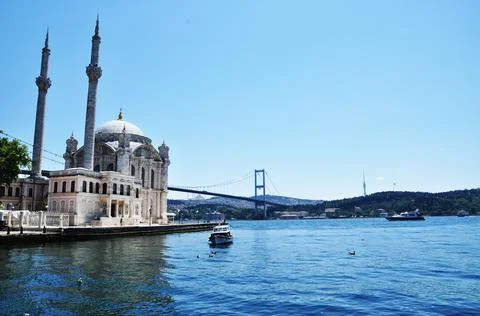 Panoramic view of the Bosphorus. Bosphorus bridge, mosque. Stock Photos
