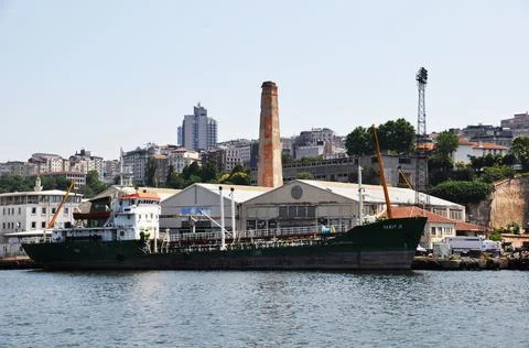 Panoramic view of the Bosphorus. Large ocean ship in the port. Stock Photos
