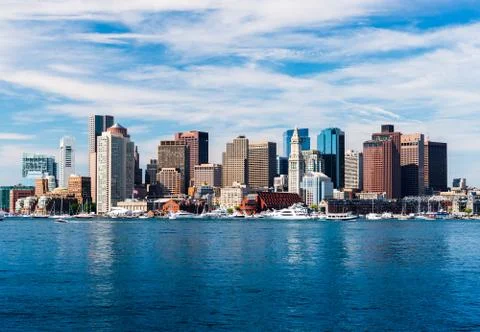 Panoramic view of Boston skyline, view from harbor, skyscrapers in downtown Stock Photos