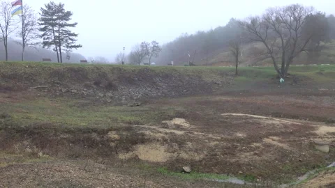 Panoramic view of the bottom of the lake with a lack of water Domasa Slovakia Stock Footage 229727696