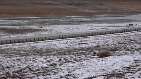 Panoramic view of the bottom of the lake with a lack of water Domasa Slovakia Video stock 303249037