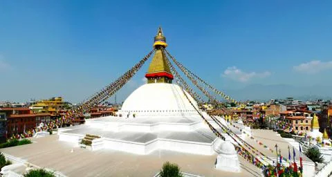 Panoramic view of the Boudhanath Buddhist complex located in the centre of Ka Stock Photos