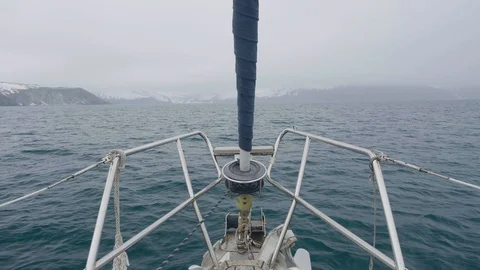 Panoramic view from bow sailing ship on snowy mountains landscape Stock Footage 98727982