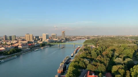 Panoramic view of Bratislava. Motion of cargo ship at Danube river. Slovakia Stock-Footage 205128939