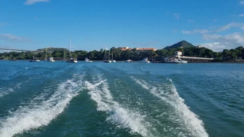 Panoramic view of the Bridge of the Americas in Panama, seen from the sea Stock Footage 343883484