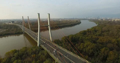 Panoramic View Of A Bridge With Orange Ropes Stock Footage 86320041