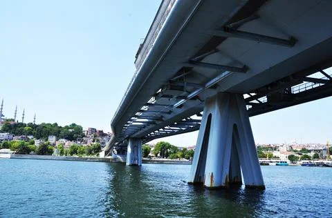 Panoramic view of the bridge over the bay, the bank with trees. Summer sunny Stock Photos