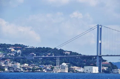 Panoramic view of the bridge over the strait. Stock Photos