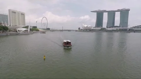 Panoramic View from Bridge, River Cruise, Downtown, Marina Bay Sands, Singapore Stock Footage 334471407
