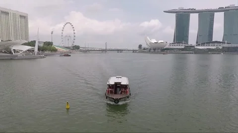 Panoramic View from Bridge, River Cruise, Downtown, Marina Bay Sands, Singapore Stock Footage 334472541