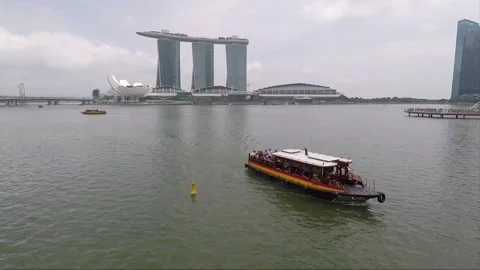 Panoramic View from Bridge, River Cruise, Downtown, Marina Bay Sands, Singapore Stock-Footage 334473221