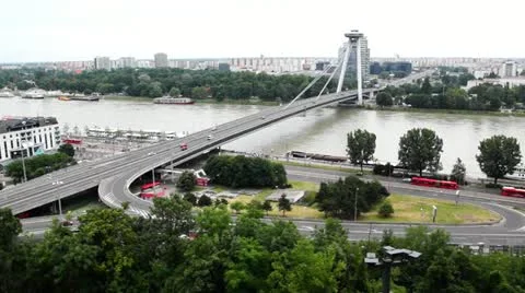 Panoramic view of the bridge through Danube of the Bratislava city 動画素材 11370917
