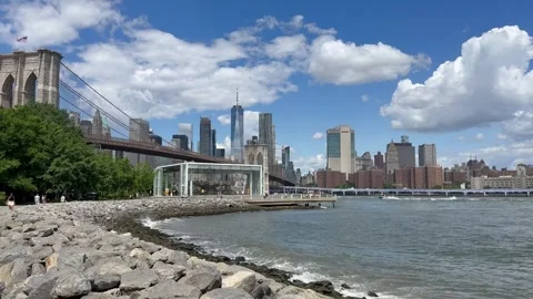 Panoramic view of Brooklyn bridge, East river and Manhattan skyline. New York Stock Footage 337837544