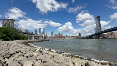 Panoramic view of Brooklyn bridge, East river and Manhattan skyline. New York 動画素材 337837850