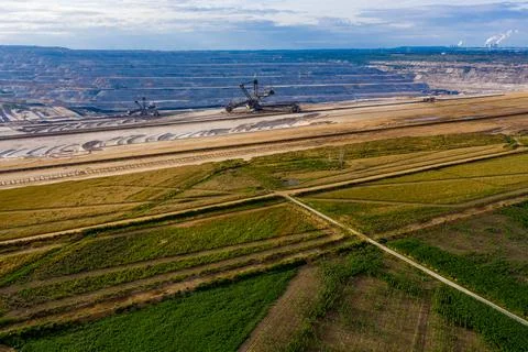 Panoramic view of brown coal mining, drone shot. Stock Photos