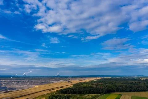 Panoramic view of brown coal mining, drone shot. Stock Photos
