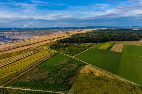 Panoramic view of brown coal mining, drone shot. Stock Photos