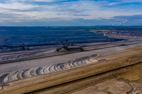 Panoramic view of brown coal mining, drone shot. Stock Photos