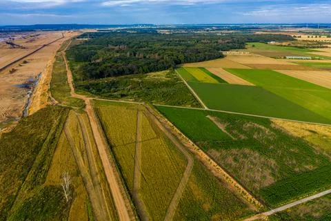 Panoramic view of brown coal mining, drone shot. Stock Photos
